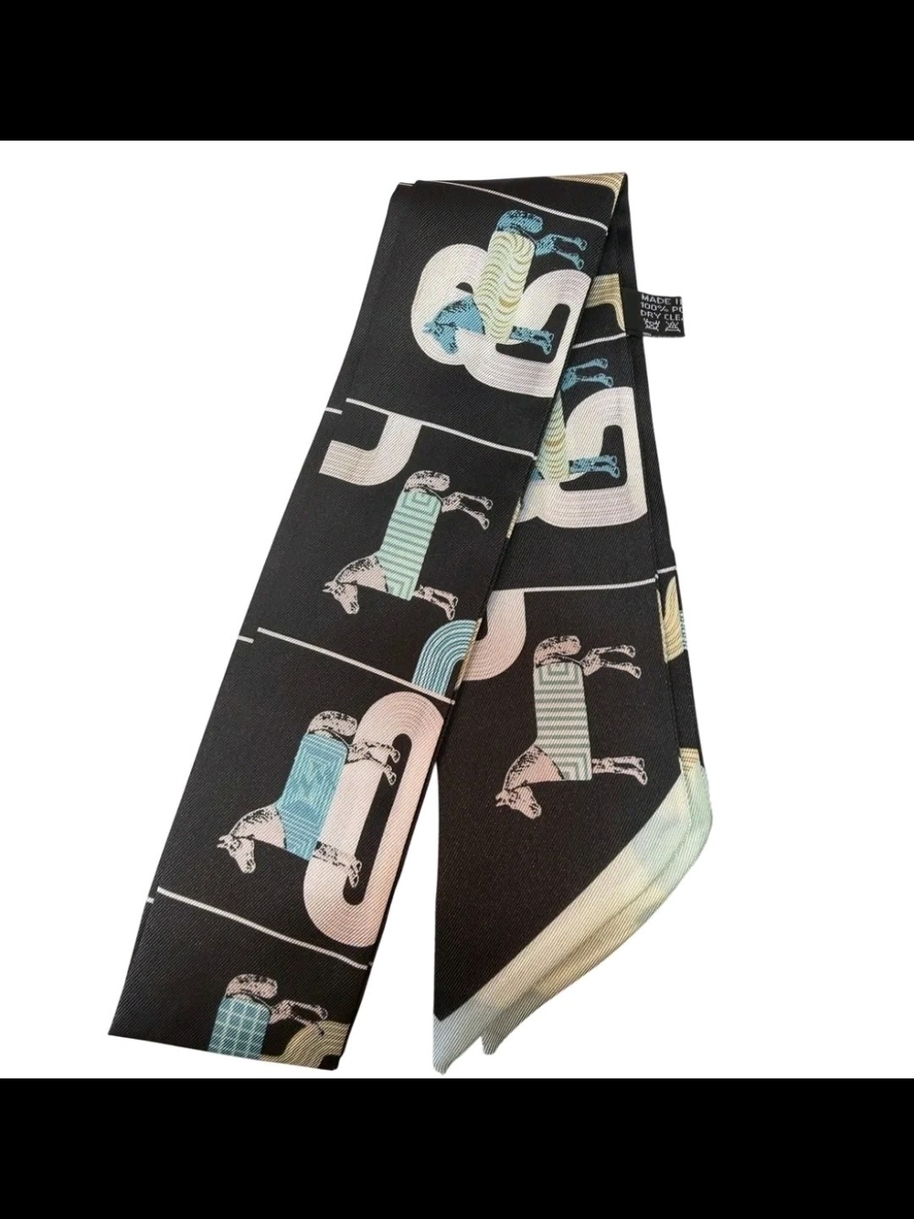 Black Silky Scarf with Pastel Horse Motif
